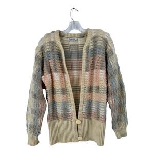 Vtg 80s Muted Pastel Chunky Popcorn Knit Oversized Cardigan Sweater SZ S